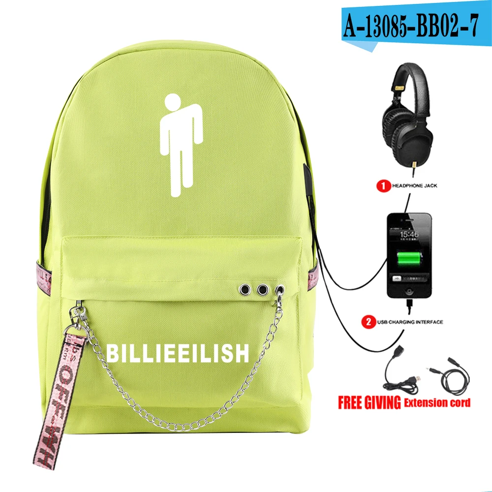 Singer Billie Eilish Fashion backpack multifunction USB charging Travel bag for teenagers Boys Girls School Bags - Color: Light Green