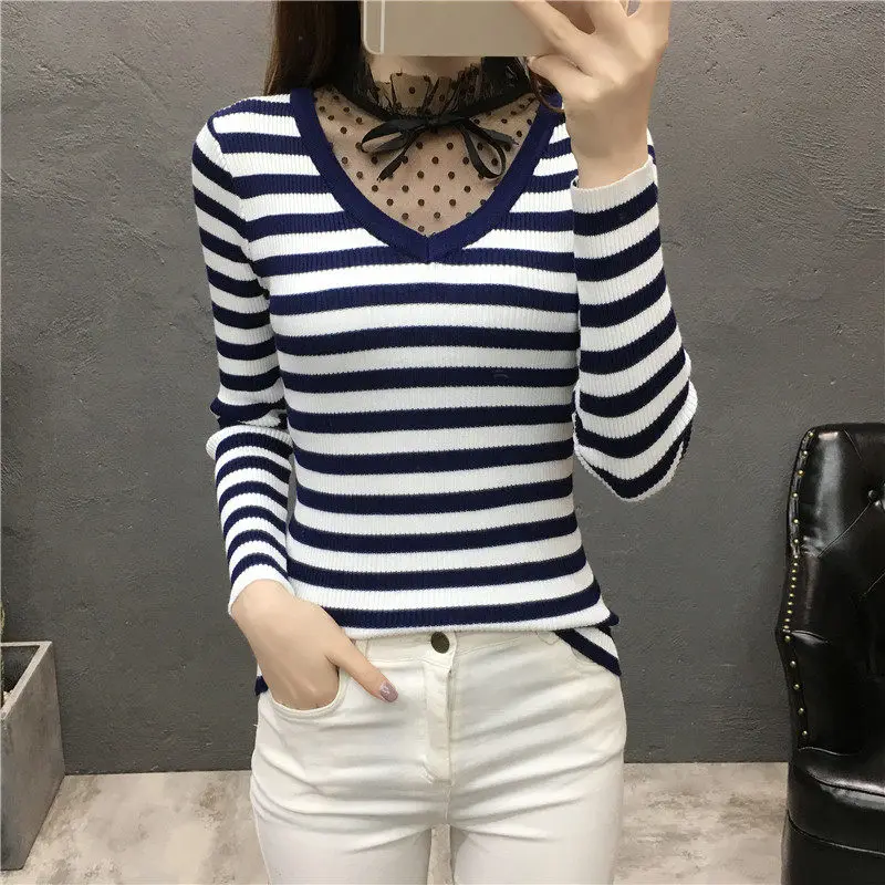 

Autumn Winter chic V-Neck Lace Pullovers Sweaters Women Spring Korea Blue Striped Warm Knitted Sweater Female Bottoming Jumper