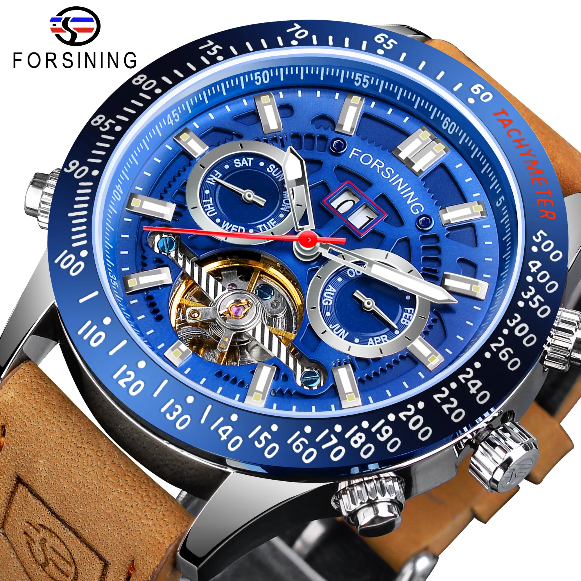 Forsining Men's Mechanical Watches Skeleton Luxury Men Automatic Watch Waterproof Genuine Leather Wristwatch Multifunction 2021