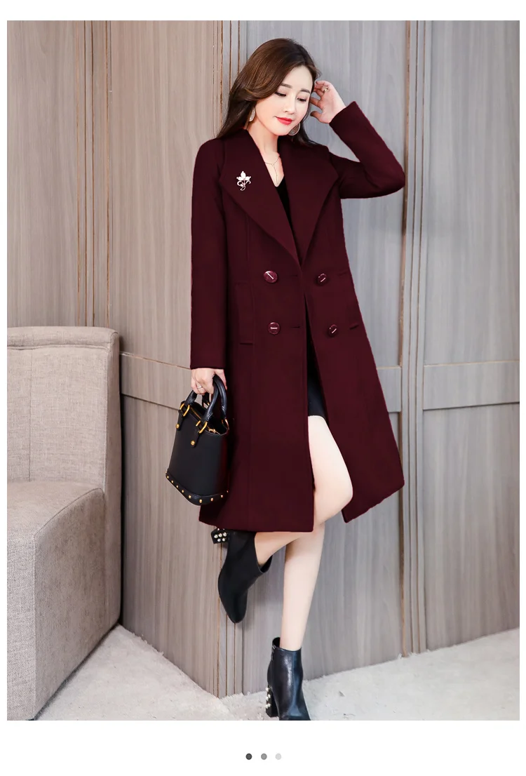 Brooch plus 2 Yuan)-Style Long over-the-Knee Woolen Coat Slim Fit Was Thin Long Woolen Jacket Red Fashion