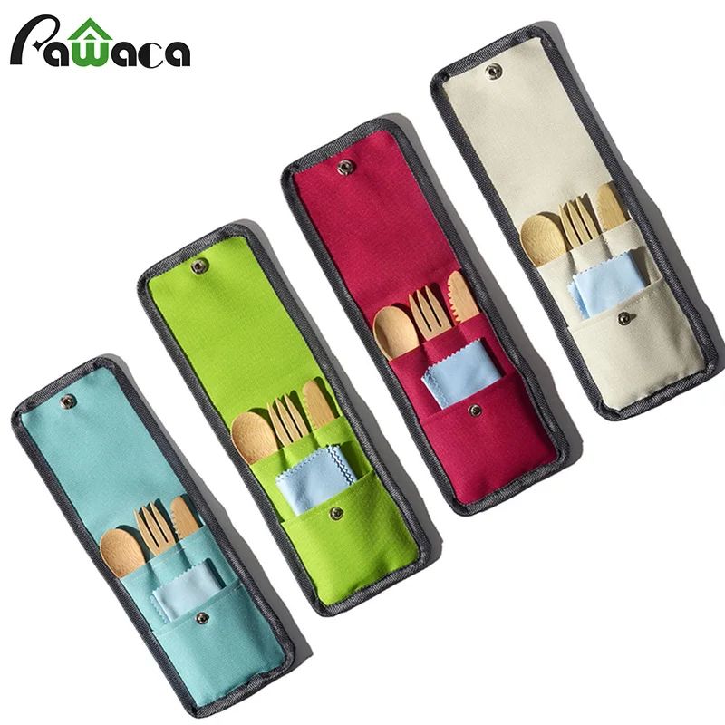 

4pcs Portable Bamboo Utensils Cutlery Set Reusable Wooden Fork Spoon Knife Cloth Silverware Set with Bag for Outdoor Travel Set