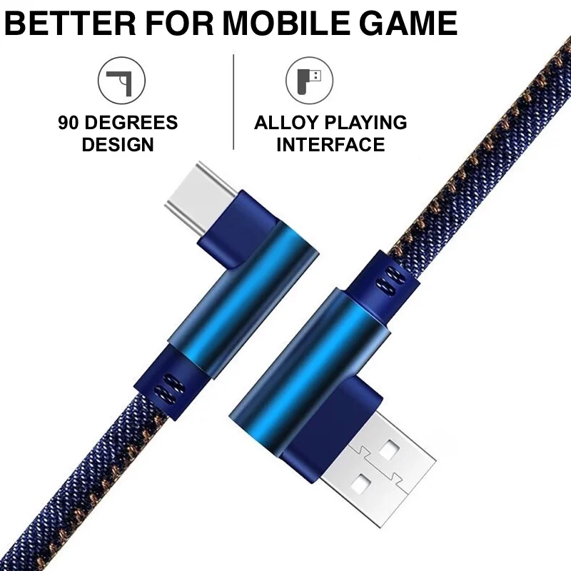 0.25m 1m 2m Denim Micro USB Cable 90 Degree Elbow Plug USB Cord For Samsung Mobile Phone Charging USB For Xiaomi Huawei iphone