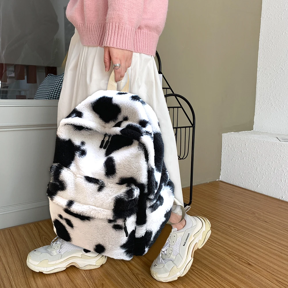 Retro Cow Leopard Printing Women Backpacks Autumn Winter Soft Plush School Bags Female Casual Large Capacity Travel knapsacks 3