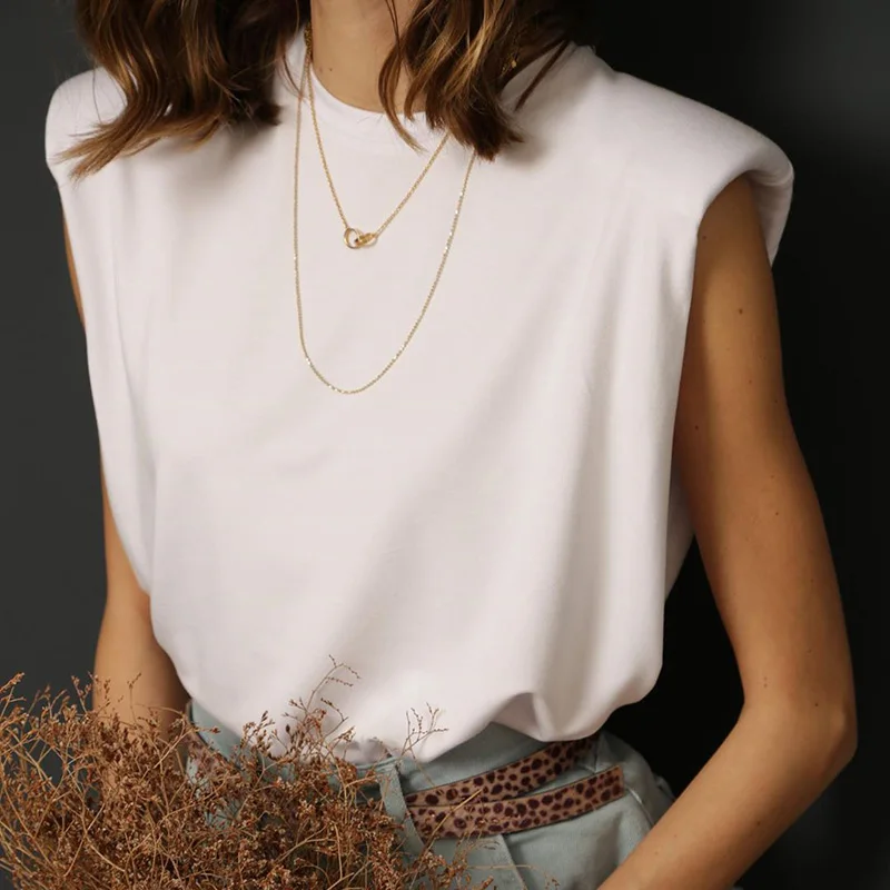 

2020 Women Padded Shoulder T-Shirts Tank Tops Sleeveless Solid Color Round Neck Casual Elegant Summer Tee Tops