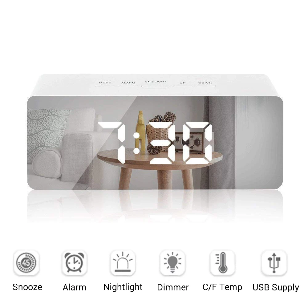 Dimmer Wakeup Light Mirror Digital Alarm Clock Snooze Electronic Travel Clock With Large Time Temperature Display For Home Decor|Alarm Clocks| - AliExpress