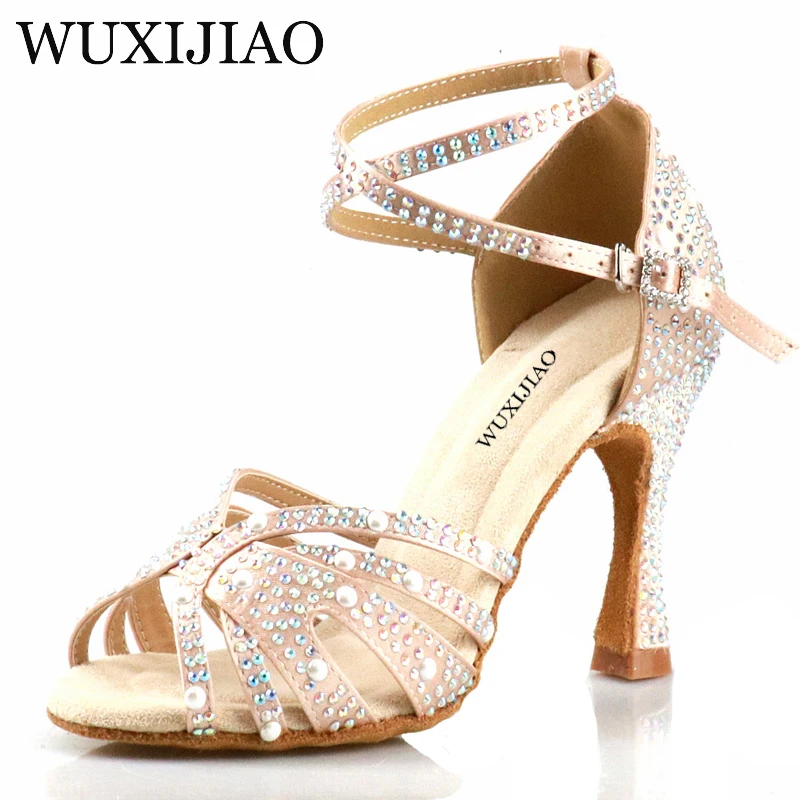 WUXIJIAO Women Latin Dance Shoes Rhinestones Soft Bottom Salsa Shoes For Dancing Ladies Sandals Women's Wedding Hight Heels 7.5C 4