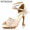 WUXIJIAO Women Latin Dance Shoes Rhinestones Soft Bottom Salsa Shoes For Dancing Ladies Sandals Women's Wedding Hight Heels 7.5C 4