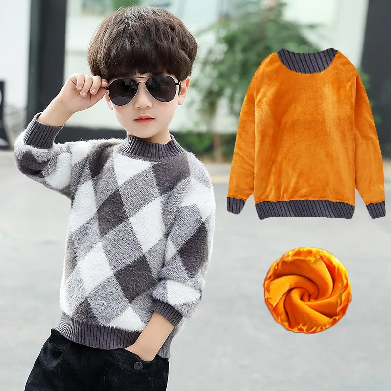thick fleece inside Модный свитер для мальчиков, весенне-зимняя верхняя одежда для маленьких мальчиков, хлопковый свитер, Детский свитер, детский вязаный свитер, брендовые Топы - Цвет: thick fleece inside