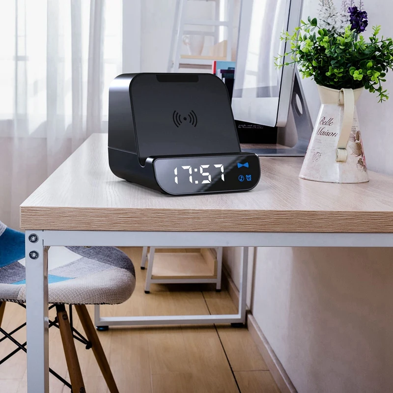 Wireless Bluetooth Speaker Alarm Clock Charging Mobile Power Bluetooth Speaker Clock 4 in 1 with Mic for Call Phones Phone Brack