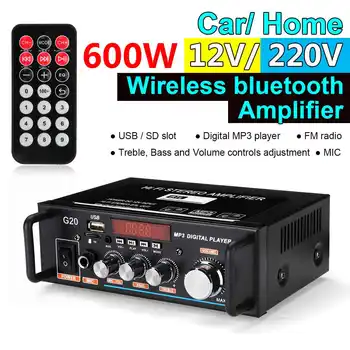 

Home Amplifier 600W 220V/12V bluetooth Audio Amplifier Stereo LCD Display HIFI USB FM Radio SD MIC Port with Remote Control
