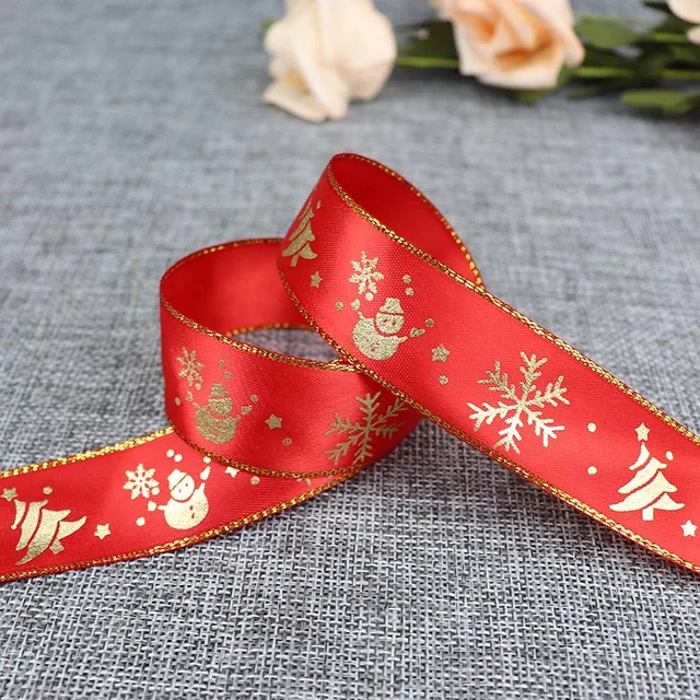 5 Yards 25mm Bronzing Christmas Ribbon Printed Polyester Ribbon For Christmas Decoration Gift Wrapping DIY Sewing Fabric A4 Red
