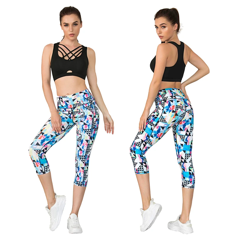 

2021 New Solid Black Sports Bra Women Gremetric Print Leggings Seamless Running Pants S-XL Girl Calf-Length Pants Gym Sportswear
