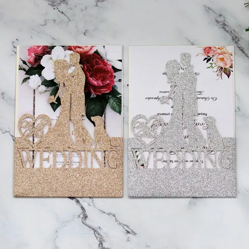 10pcs/set Glitter Laser Cut Wedding Invitations Card Invite Envelopes Kit for Engagement Personaliz - 4.00011E+12