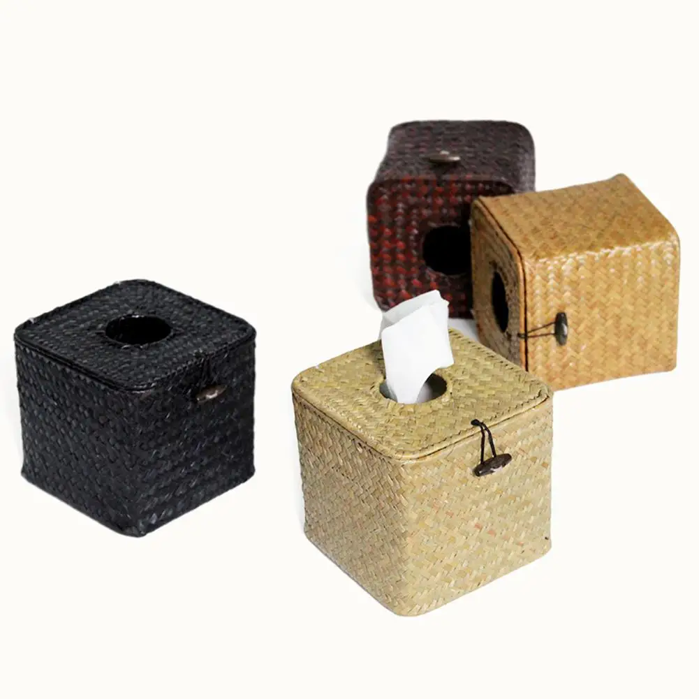 

Creative Seat Type Vintage Style Wicker Straw Woven Tissue Box Roll Paper Napkin Case Holder Organizer Square Tissue Canisters
