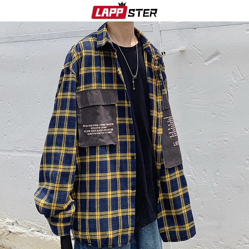 LAPPSTER Men Streetwear Harajuku Plaid Shirts Pockets 2020 Hip Hop Men Shirt Long Sleeve Couple Black Button Up Oversized Shirt LAPPSTER Men Streetwear Harajuku Plaid Shirts Pockets 2020 Hip Hop Men Shirt Long Sleeve Couple Black Button Up Oversized Shirt
