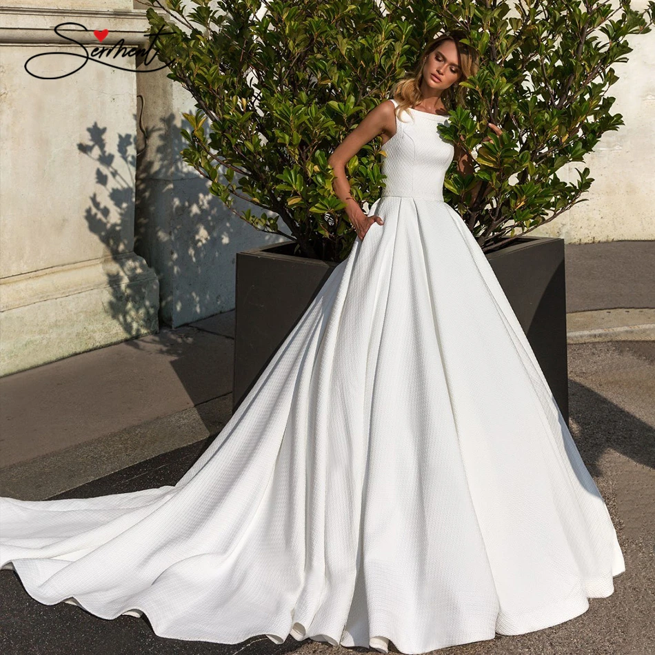 

OllyMurs 2020 Sleeveless O-Neck Simple Satin Wedding Dress Wide Shoulder Strap Fashion Bride Support Tailor-made