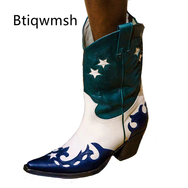 

2019 Retro Ankle Boots Women Point Toe Stars Embroidery Mixed Color Cow Leather Patchwork Wedges Shoes Woman Fashion Cowboy Boot