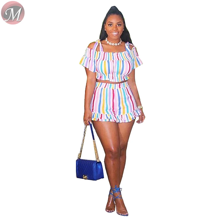 9060630 queenmoen summer women clothing wholesale rainbow strip ruched two piece shorts suit