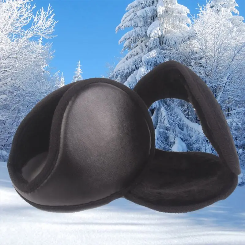 Men Women Winter Faux Leather Earmuffs Foldable Thicken Plush Lining Black Outdoor Snow Skiing Middle-Aged Ear Warmers LX9E