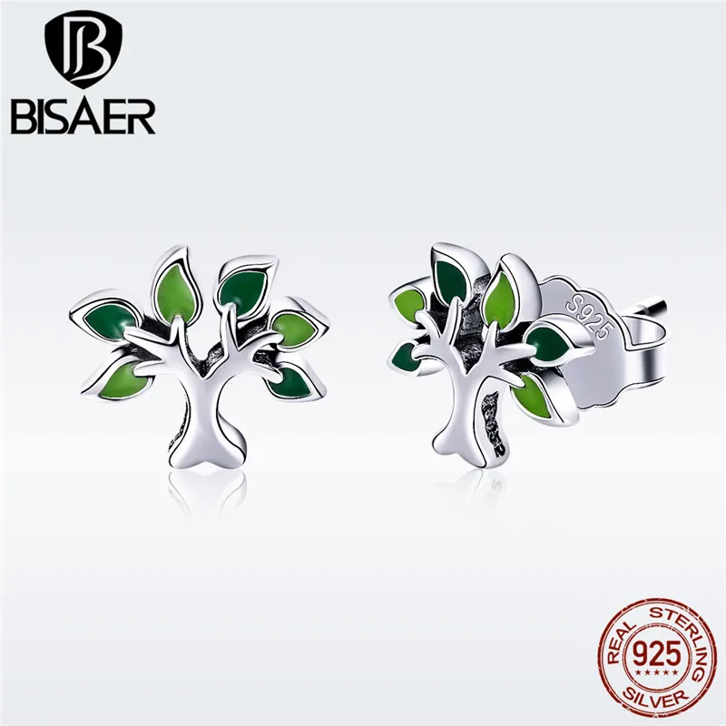 

Tree Of Life Silver Earrings Authentic 925 Sterling Silver Green Leaf Tree Stud Earrings For Women Fashion Jewelry Gift GXE409