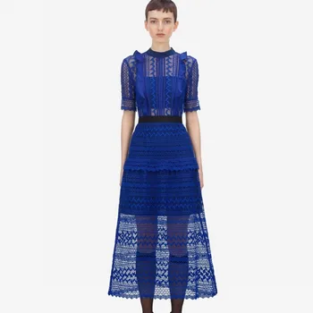 

New arrival spring Self Portrait Crochet Flower Lace mesh dress Women Runway elegant Female Hollow Out Long Dresses vestidos