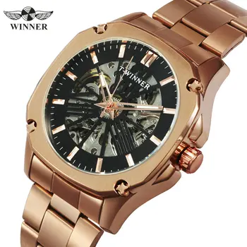 

WINNER Brand Automatic Watch Men Rose Golden Skeleton Mechanical Mens Watches Top Luxury Full Steel Strap Square Wristwatches