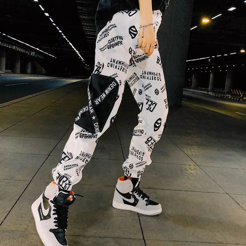 

High Waist Letter Spliced Cargo Pants Women Loose Harajuku BF Ankle-Length Overalls Pants Plus Size Hip Hop Women's sports pant