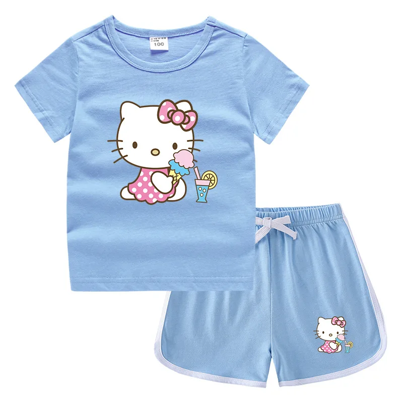 thumbnail image 1 of Hello Kitty-Camiseta informal con cuello redondo y pantalones cortos para niños y niñas, conjunto de camisa de fondo absorbente de algodón puro, informal, 1 of 4