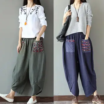

Ethnic Women Pants Ethnic Printed Pocket Patchwork Pants Baggy Cotton Linen Harem Trousers For Women's Pants Skin friendly gifts