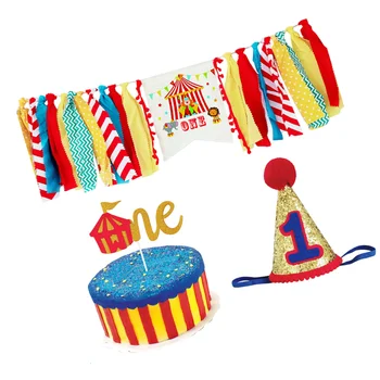 

1 Set of 3pcs One-year-old Dining Chair Flag Circus Birthday Party Banner Cartoon Printing Hanging Banners High Chair Pull Flags