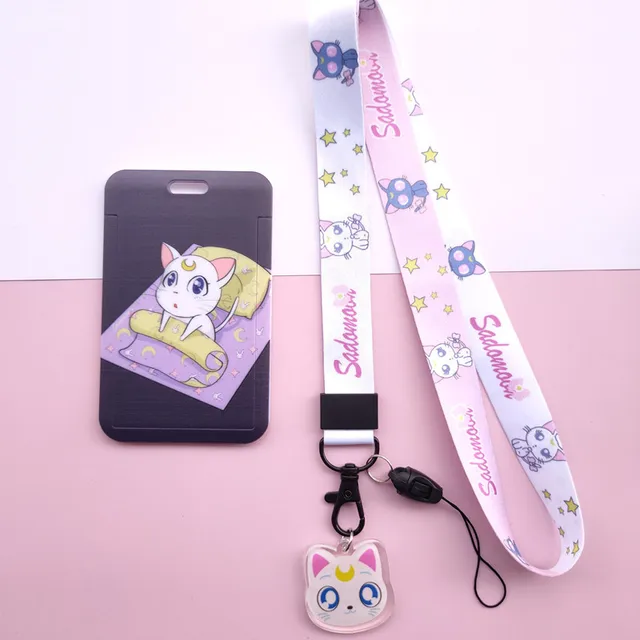Anime Kawaii Cartoon Moon Cat Lanyard Wristband Credit Card ID Holder Bus Pass Staff Name Tag Badge Holders for Girls F