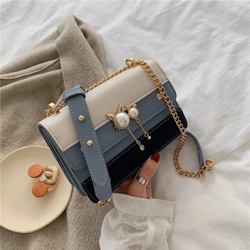 

FANTASY New Splice PU Leather Small Handbags For Women Cats Pearl Metal Chain Shoulder Bags Female Cute Crossbody Messenger Bags