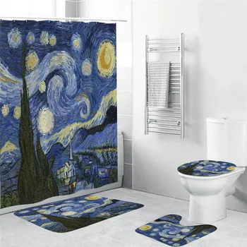

Starry Night Shower Curtain Printed Van Gogh Starry Night World Famous Paintings Polyester Fabric Print Shower Curtain