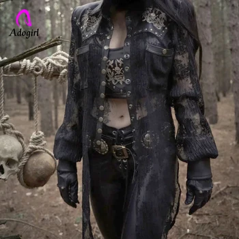 

Adogirl Black Gothic Punk Outwear Darkness PU Leather Lace Patchwork Skull Printed Revet Halloween Irregular Hem Autumn Coat