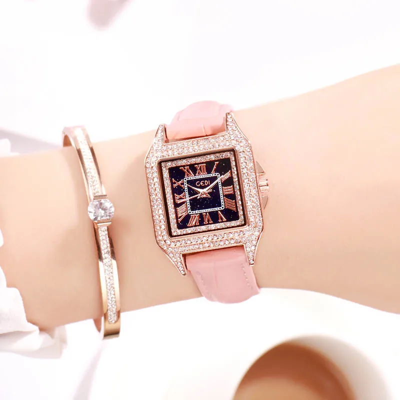 GEDI лучший бренд роскошные женские часы кварцевые женские наручные часы модные часы женские наручные часы кожаный ремешок - Цвет: Pink