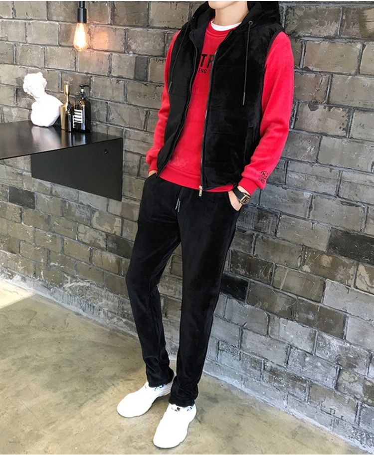 AmberHeard Winter Warm Men Sport Suit Hooded Vest+Pants+Sweatshirt Gold Velvet Sportswear 3 Piece Set For Men Tracksuit Clothing