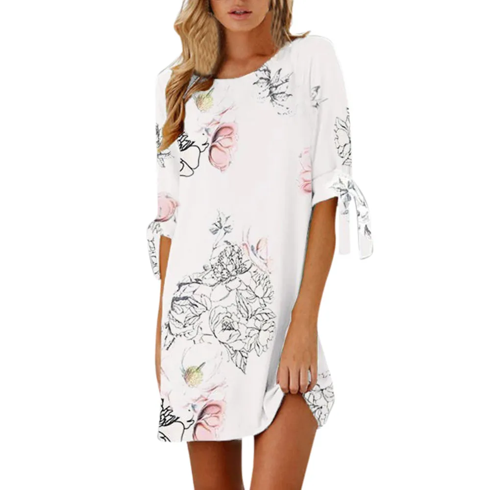 Women Summer Half Sleeve Bow Bandage Floral Striaght Casual Short Mini Dress Clothing Female Jupe Femme Womens Faldas 2020 | Женская