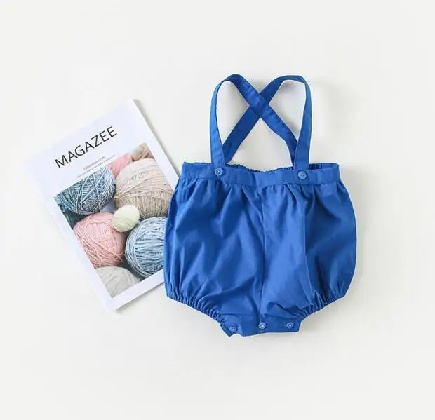 Blue Летние хлопковые модные короткие комбинезоны для маленьких девочек Детские однотонные комбинезоны в Корейском стиле штаны на подтяжках для маленьких детей от 0 до 3 лет - Цвет: Blue
