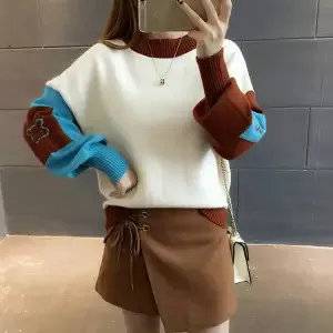 beige white thin Woherb Harajuku контрастный цвет женский свитер пуловеры Свободные фонари рукав Femme джемпер корейский милый вязаный зимний толстый Одежда - Цвет: beige white thin