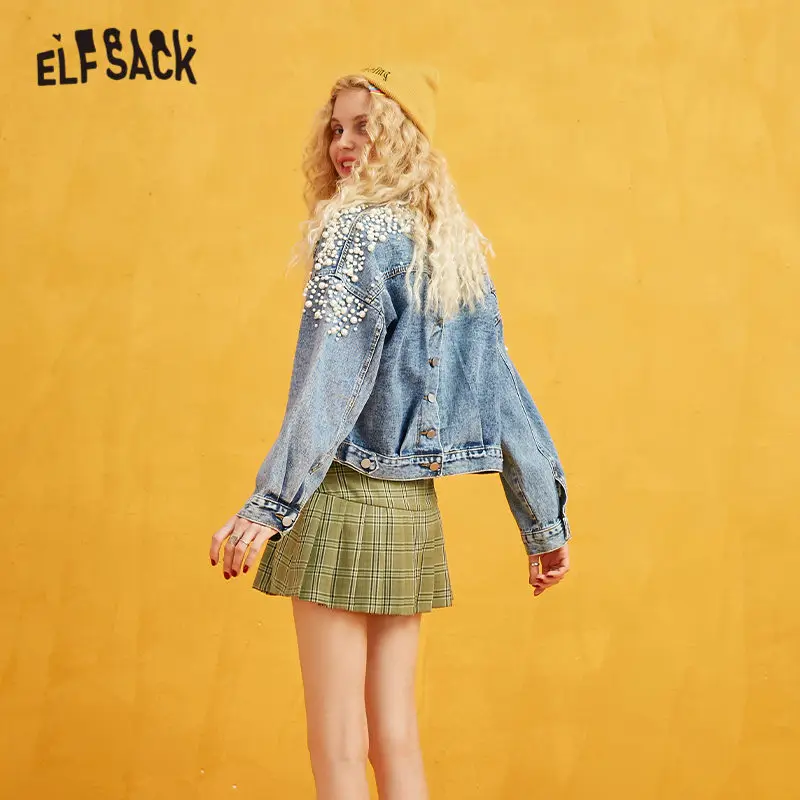 incredible ELFSACK Pearls Ornament Jacket Women Short Coat 2019 Autumn Back Button Breasted Korean Style Washe