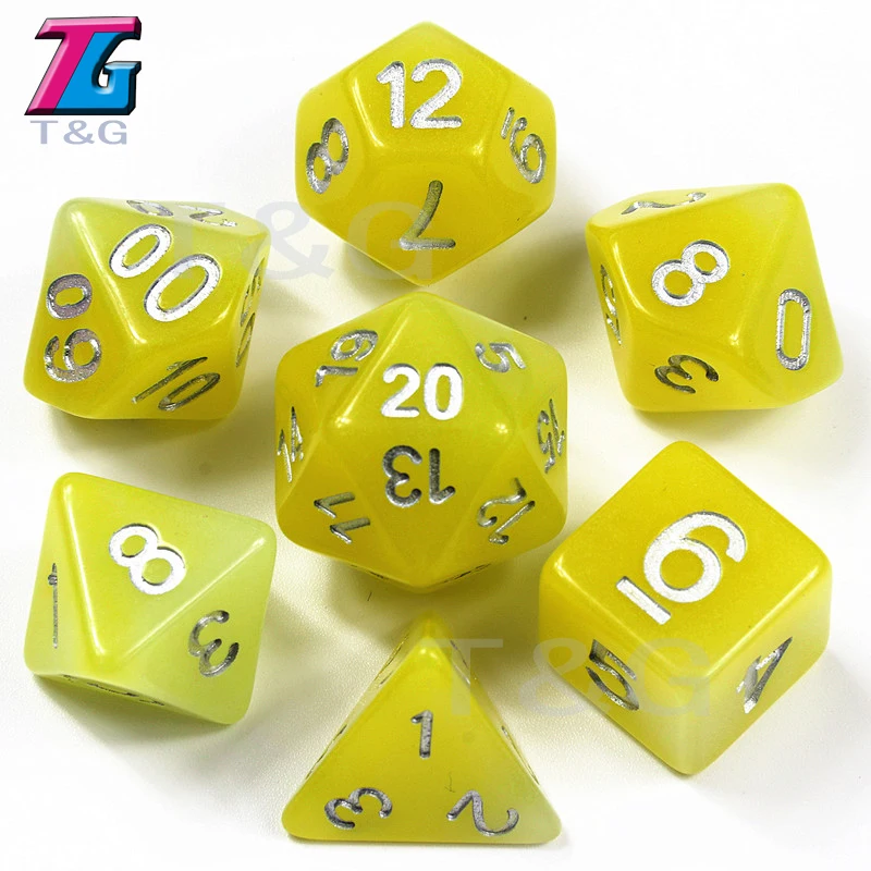 Yellow Mix-Цвет 7 шт./компл. T& G светятся в темноте игра в кости, фиолетовый цвет смолы кости D4 D6 D8 D10 D10% D12 D20 с мешком для ролевой игры DND Настольная игра - Цвет: Yellow