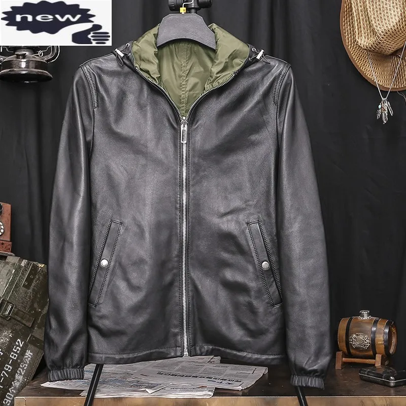 

Reversible Hooded Genuine Leather Jacket Men Autumn Thin Section Windbreakers Sheepskin Coat Streetwear Casual Outerwear Male