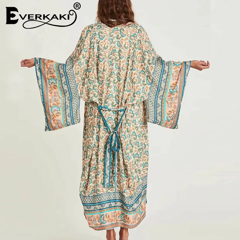 Everkaki Женское пальто-кимоно с цветочным принтом Boho осень зима пояса свободные Плюс Размер повседневные женские пальто кимоно женские Новинка