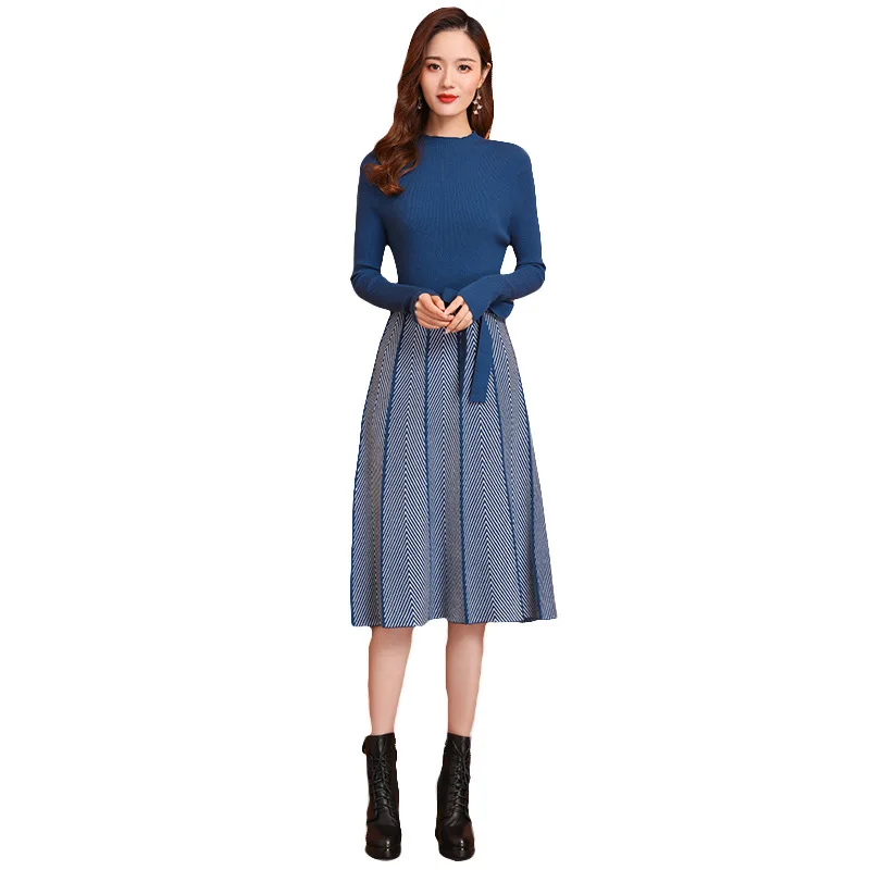 

Women's Dress Simple Elegant Dress Spring Autumn Winter Round Neck Long Sleeve A Line Knit Mid-length Dress 2020 Women