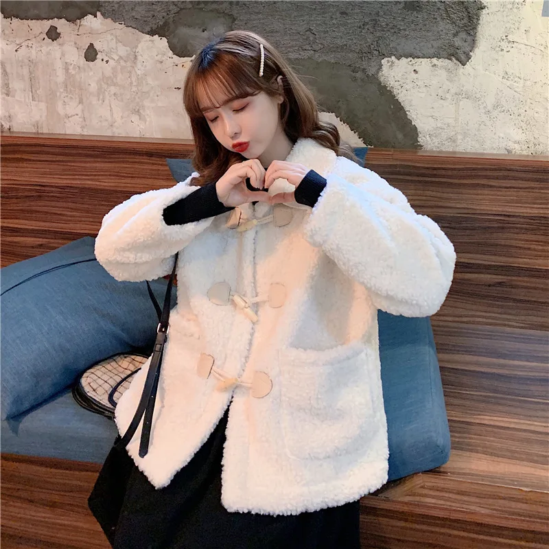 

Photo Shoot Autumn And Winter New Style Korean-style Peter Pan Collar Loose-Fit Toggle Faux Lambswool Long Sleeve Cotton Coat Wo