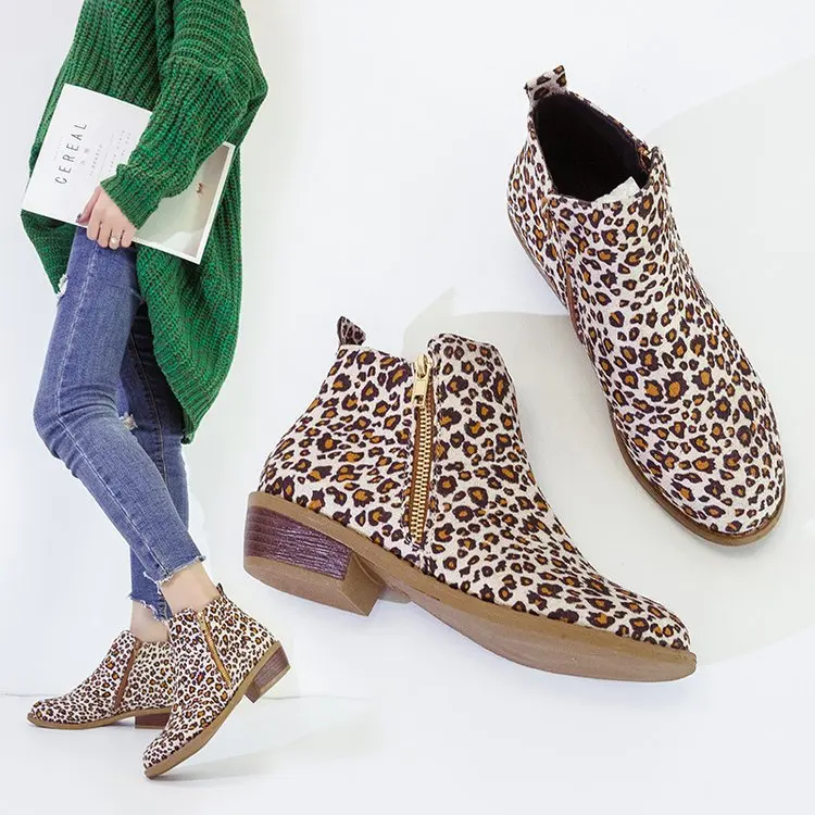 

Shoes Woman Leopard Ankle Boots Casual Zip Chunky Heels Short Boot Round Toe Ladies Winter Booties Plus Size Zapatos De Mujer