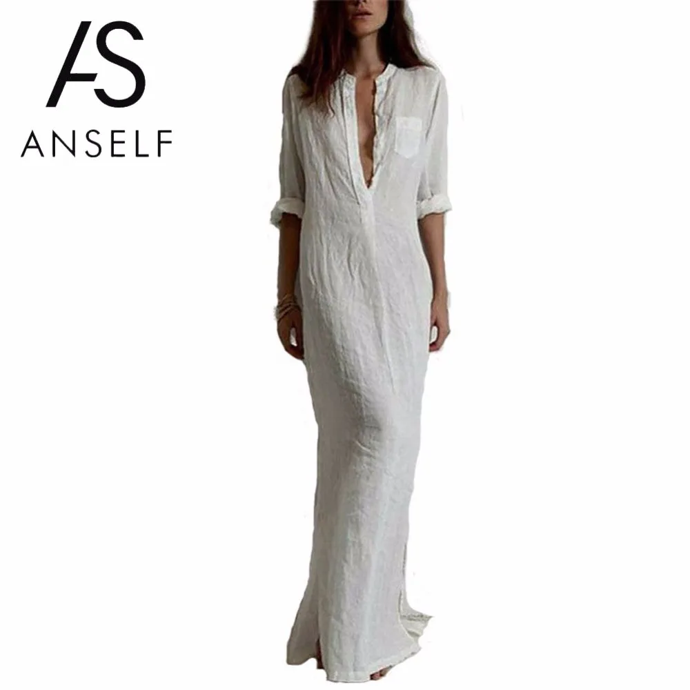 Anself 5XL модное осеннее повседневное длинное платье макси, женское пляжное платье с v-образным вырезом и длинным рукавом, большие размеры, богемные платья с разрезом, Vestidos