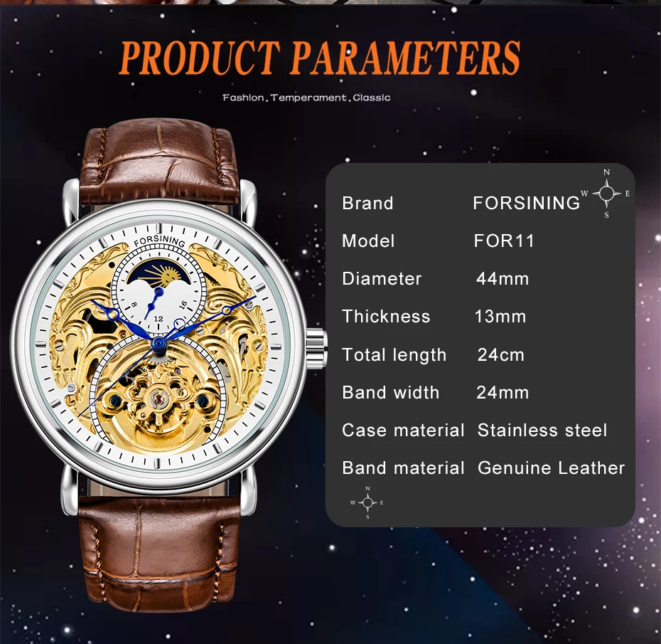 FORSINING Брендовые мужские механические часы с автоматическим ремешком Moonphase часы для мужчин коричневые золотые часы подарки