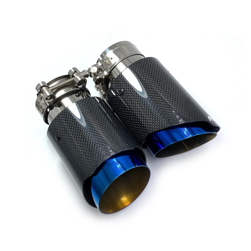 1PCS Car Exhaust Tail Pipe Glossy Carbon Tail End Blue Stainless Steel Straight Muffler Tip Flange With Remus Logo For Bmw F30