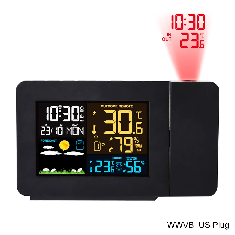 Digital Alarm Clock Radio US Pulg Barometer Forecast Wireless Projection Multifunctional LED Table Watch Clocks Home | Дом и сад